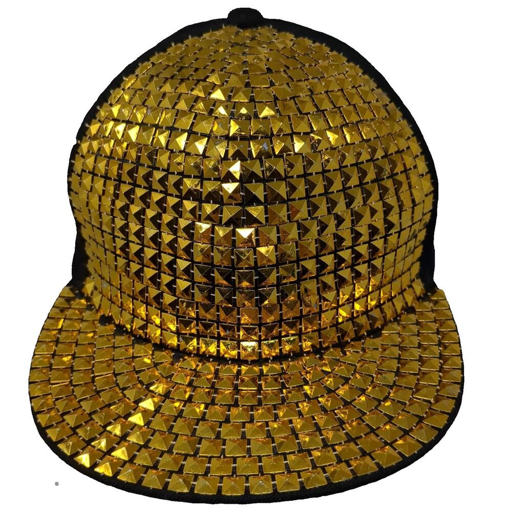 Spirit Snapback Hat Gold Black OS Studded Pyramid Textured Flat Brim Adjustable